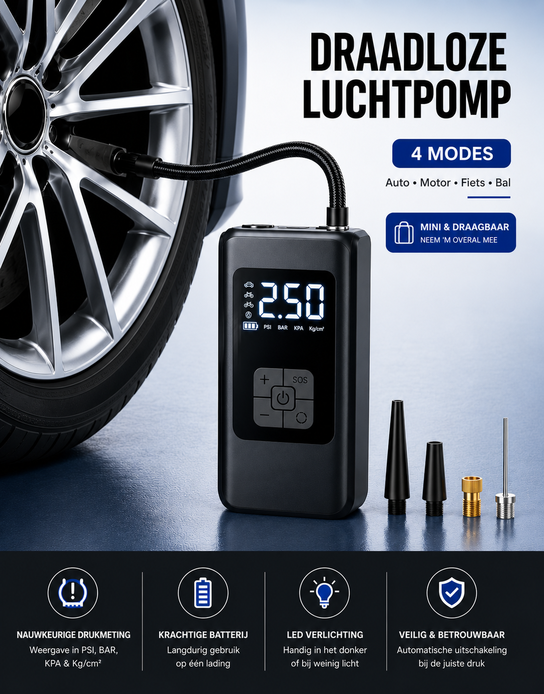 Draadloze Elektrische Luchtcompressor – Portable Bandenpomp met LCD Display