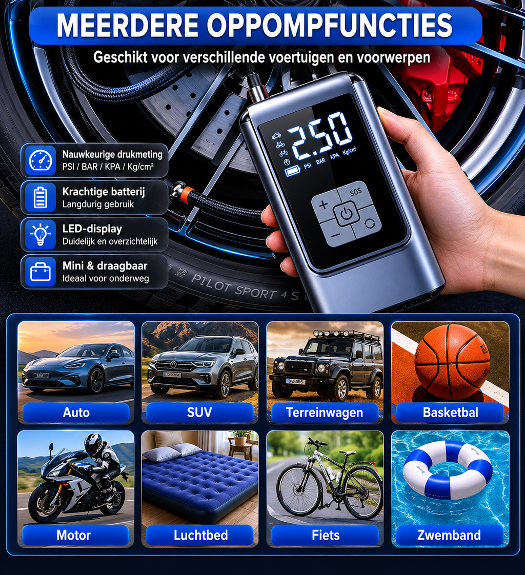 Draadloze Elektrische Luchtcompressor – Portable Bandenpomp met LCD Display