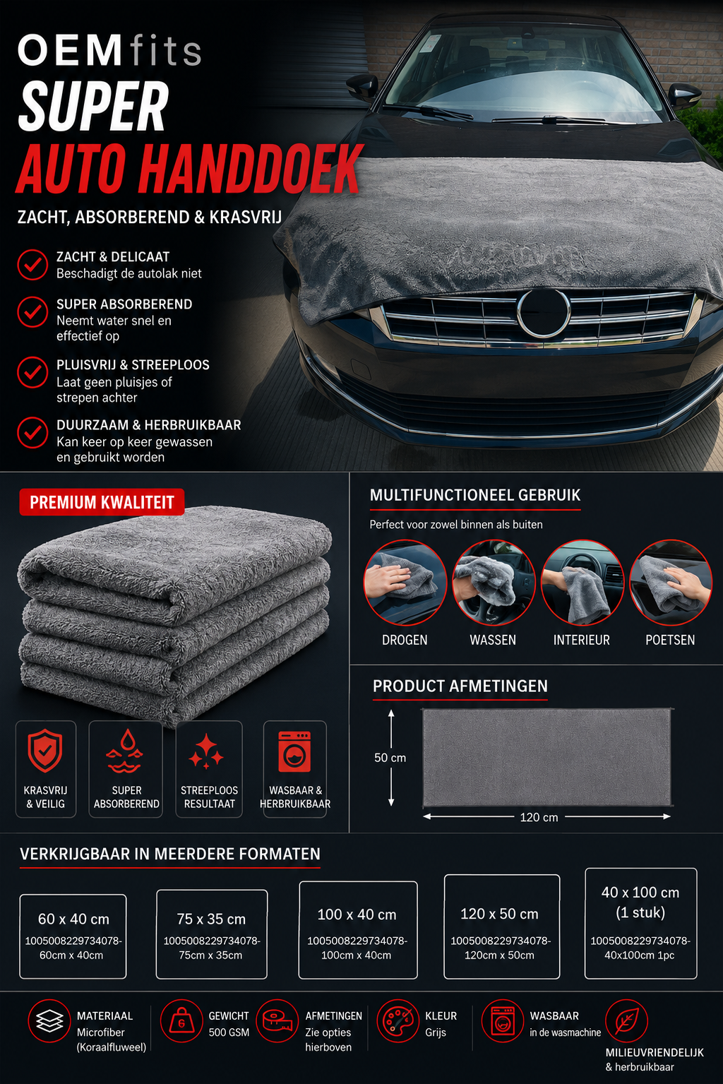 OEMfits | Microvezel Super Droogdoek Auto – Ultra Zachte Car Drying Towel 50x120cm