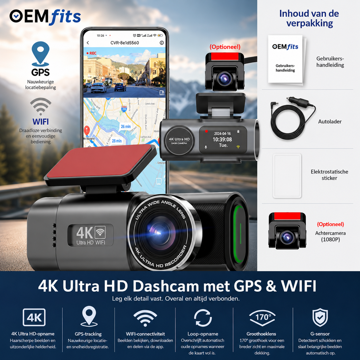 4K Dashcam met WiFi & GPS – UHD Auto Camera met Night Vision & Parking Mode